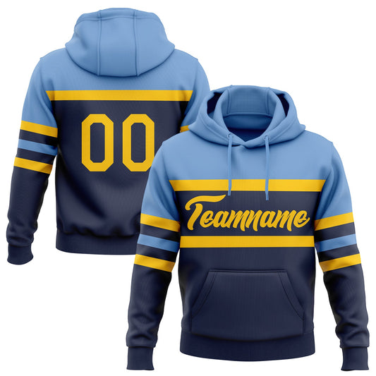 Custom Stitched Navy Yellow-Light Blue Line Sports Pullover Sweatshirt Hoodie - Main View