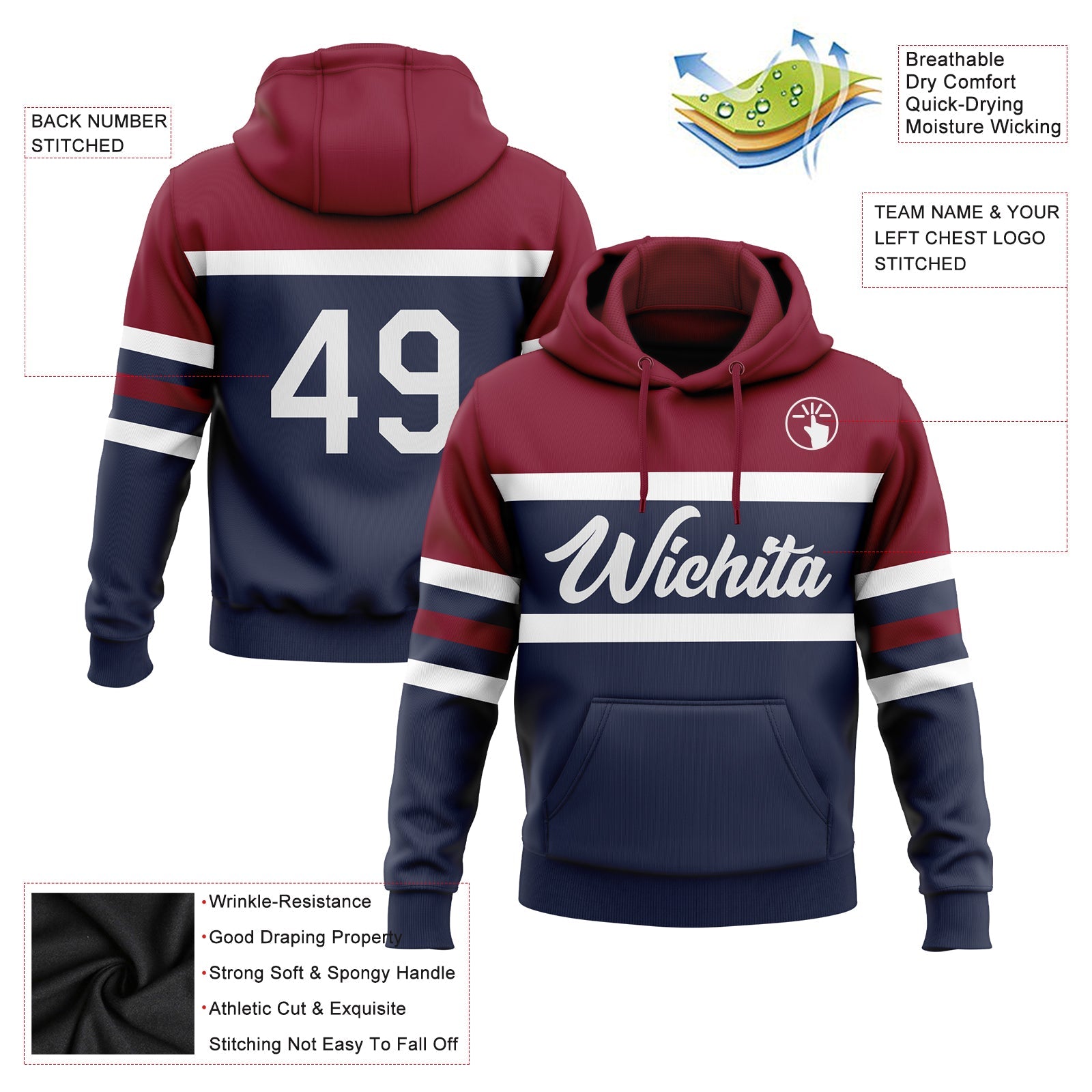 Custom Stitched Navy White-Crimson Line Sports Pullover Sweatshirt Hoodie view 2