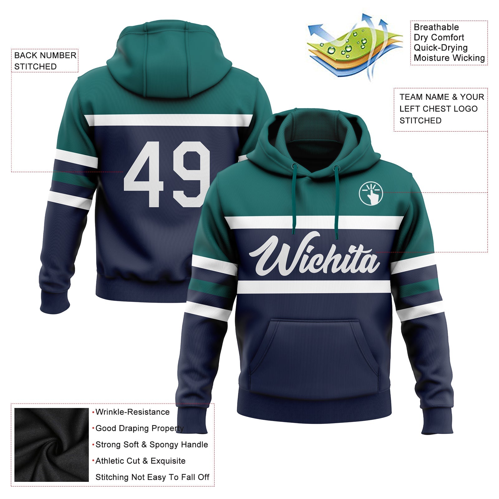 Custom Stitched Navy White-Teal Line Sports Pullover Sweatshirt Hoodie view 2