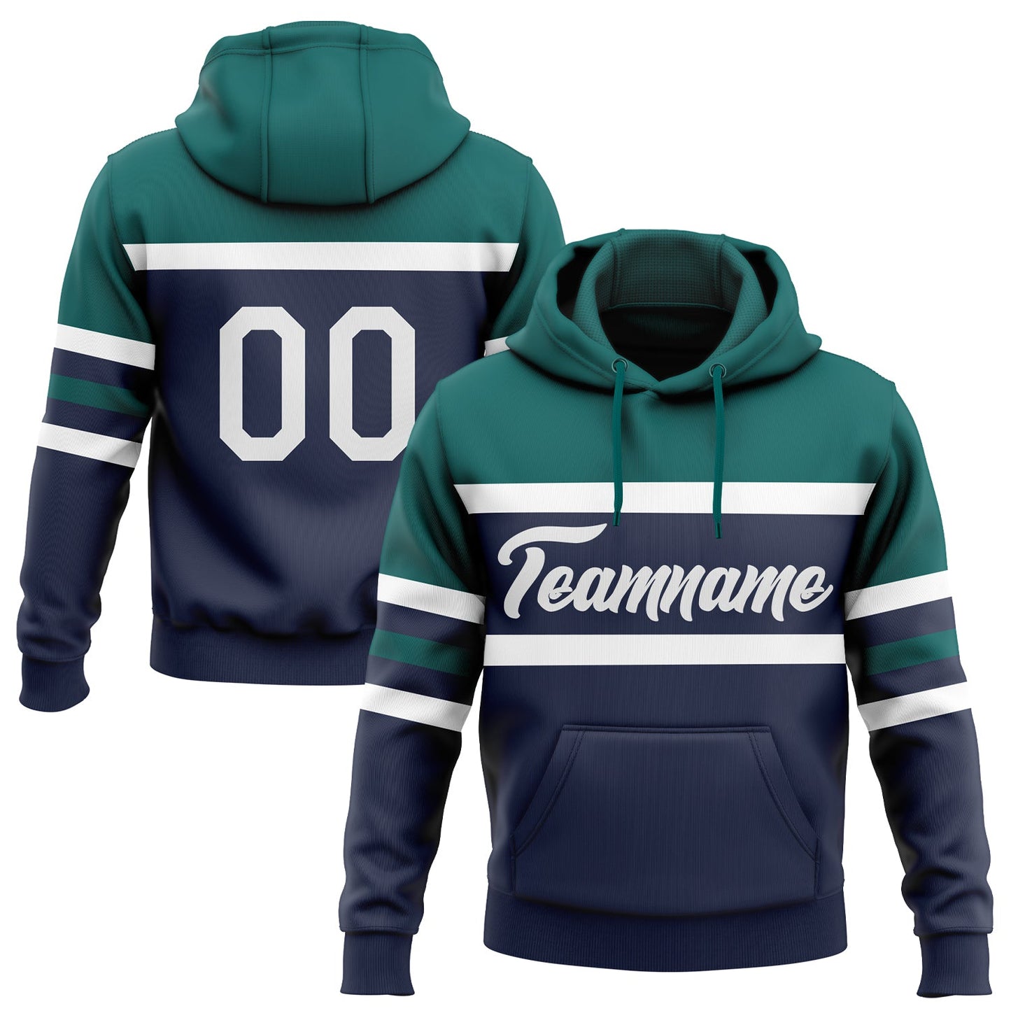 Custom Stitched Navy White-Teal Line Sports Pullover Sweatshirt Hoodie - Main View