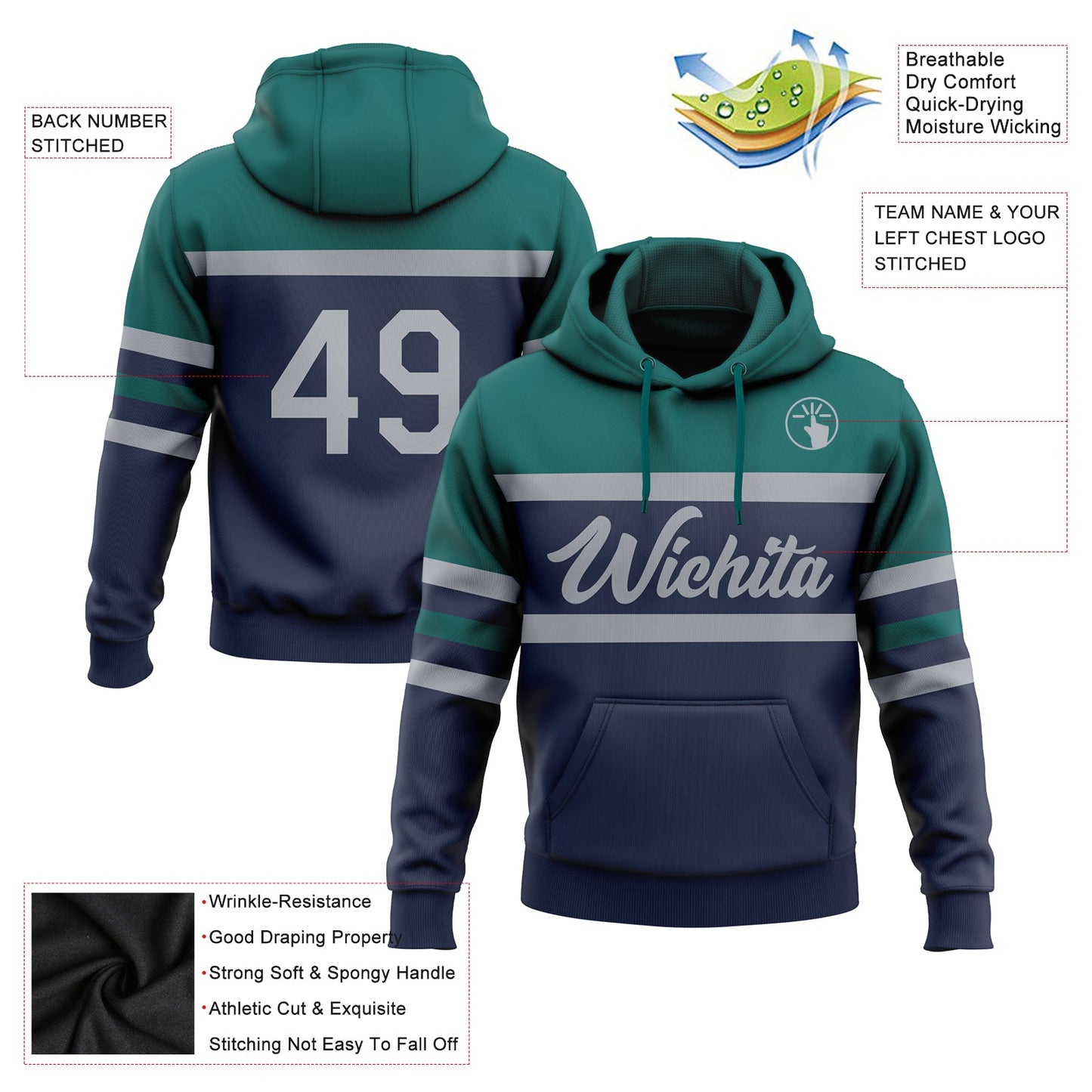 Custom Stitched Navy Gray-Teal Line Sports Pullover Sweatshirt Hoodie view 2