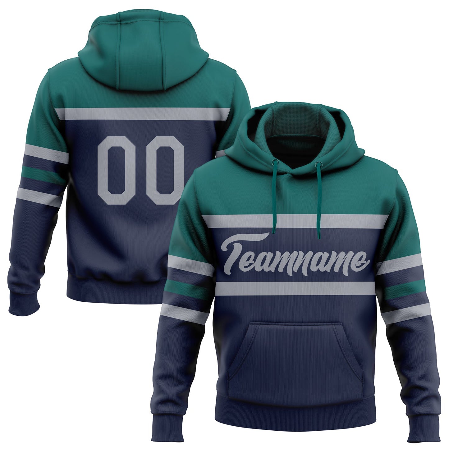 Custom Stitched Navy Gray-Teal Line Sports Pullover Sweatshirt Hoodie - Main View