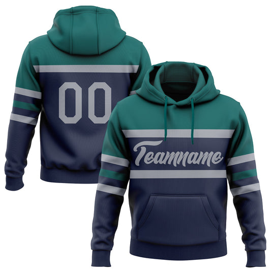 Custom Stitched Navy Gray-Teal Line Sports Pullover Sweatshirt Hoodie - Main View
