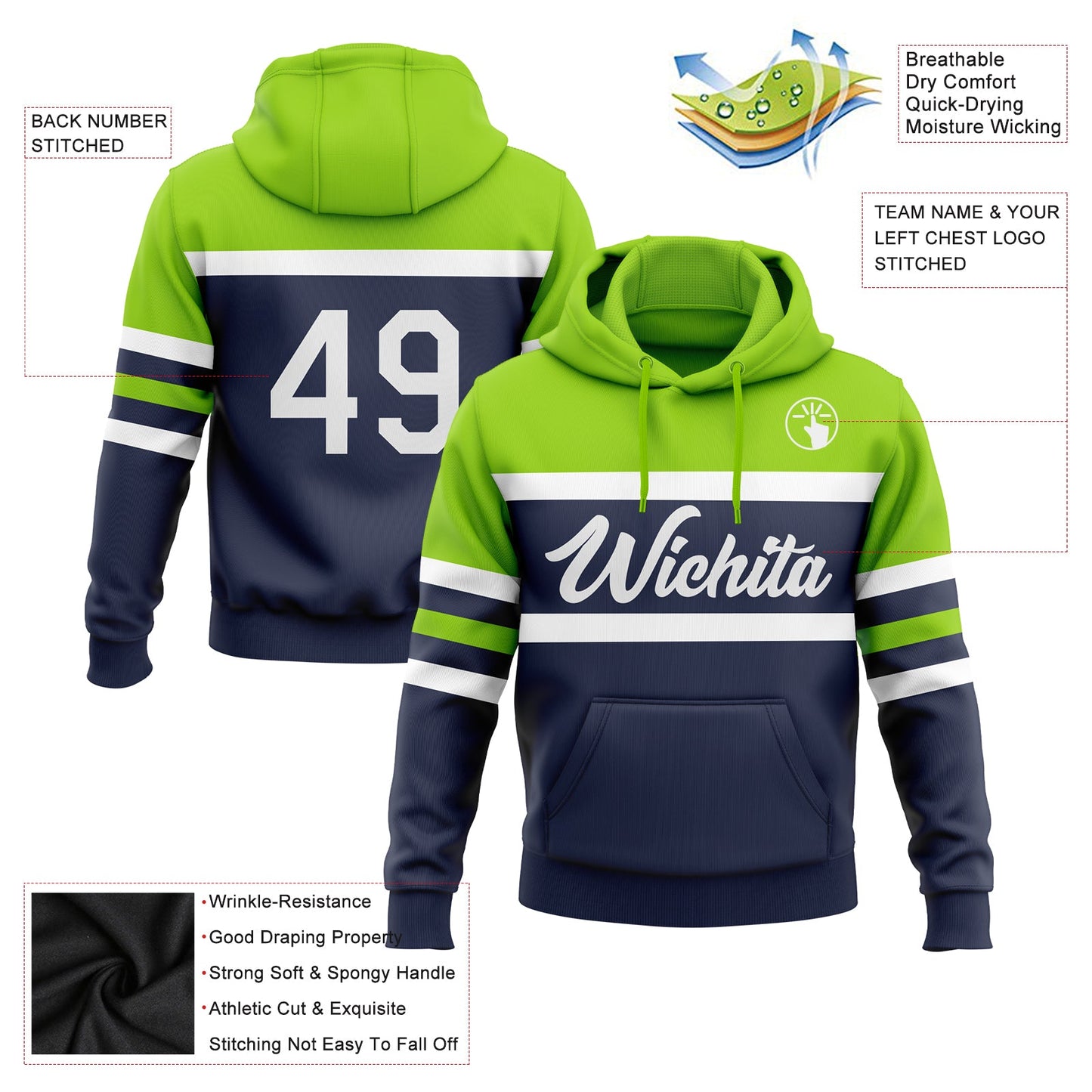 Custom Stitched Navy White-Neon Green Line Sports Pullover Sweatshirt Hoodie view 2