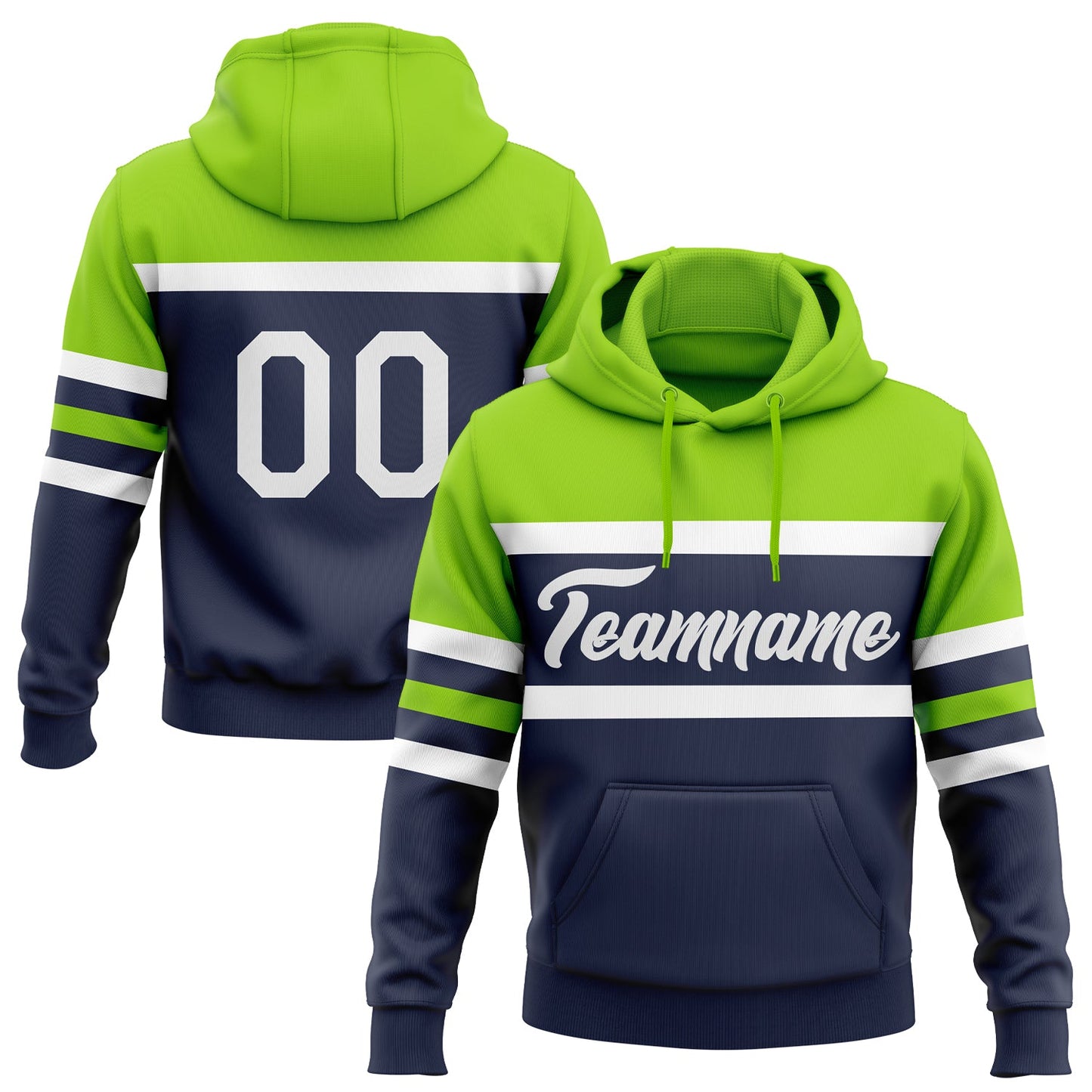 Custom Stitched Navy White-Neon Green Line Sports Pullover Sweatshirt Hoodie - Main View