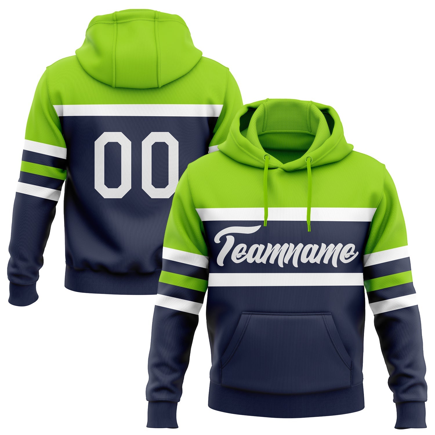 Custom Stitched Navy White-Neon Green Line Sports Pullover Sweatshirt Hoodie - Main View