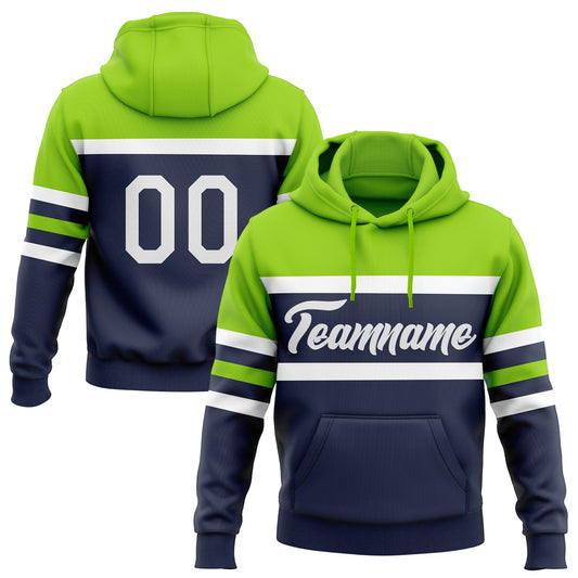 Custom Stitched Navy White-Neon Green Line Sports Pullover Sweatshirt Hoodie - Main View