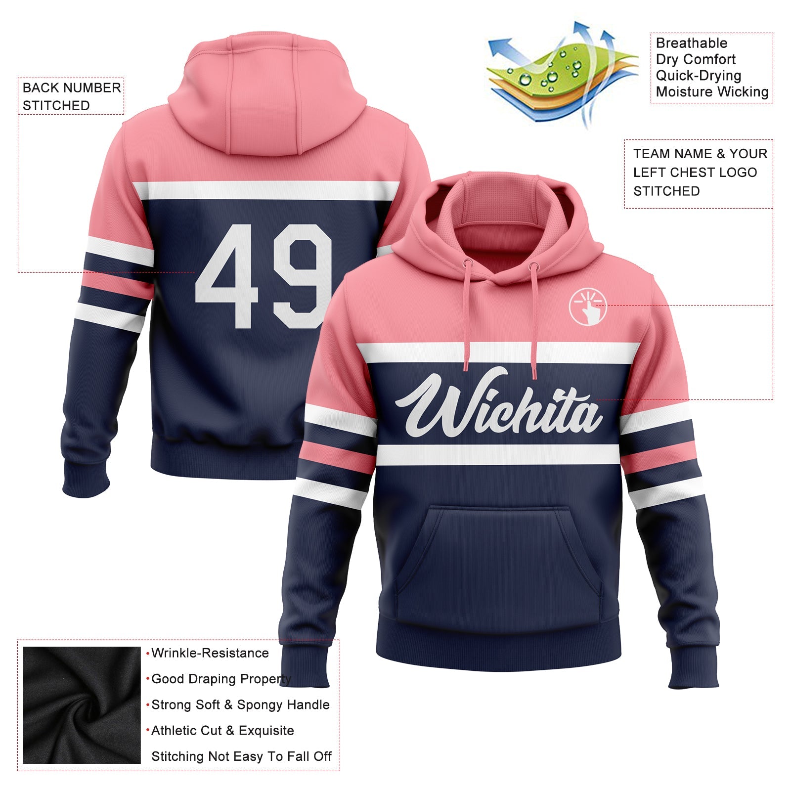 Custom Stitched Navy White-Medium Pink Line Sports Pullover Sweatshirt Hoodie view 2