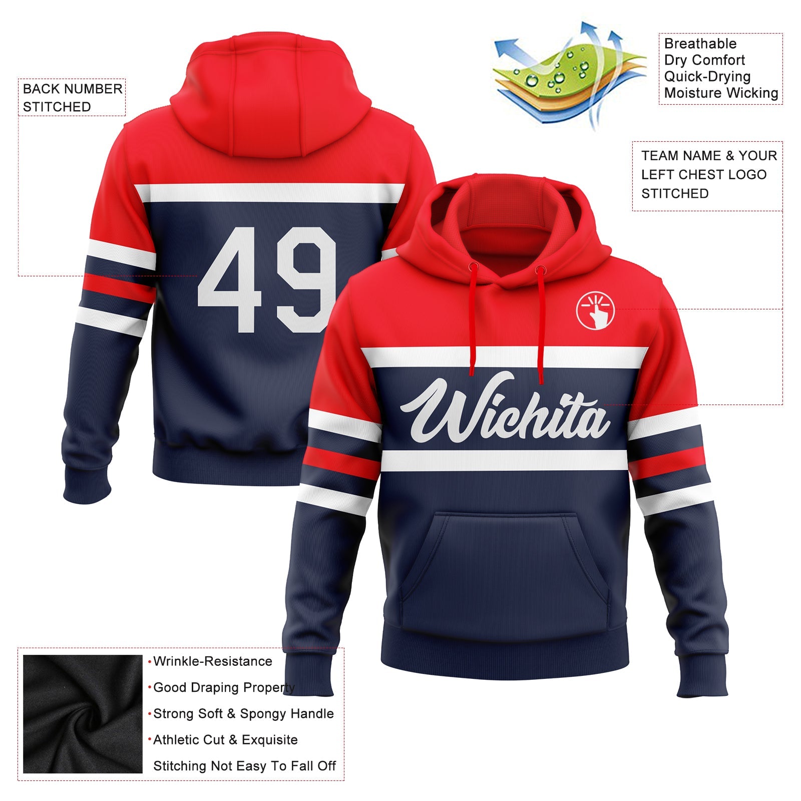 Custom Stitched Navy White-Fire Red Line Sports Pullover Sweatshirt Hoodie view 2