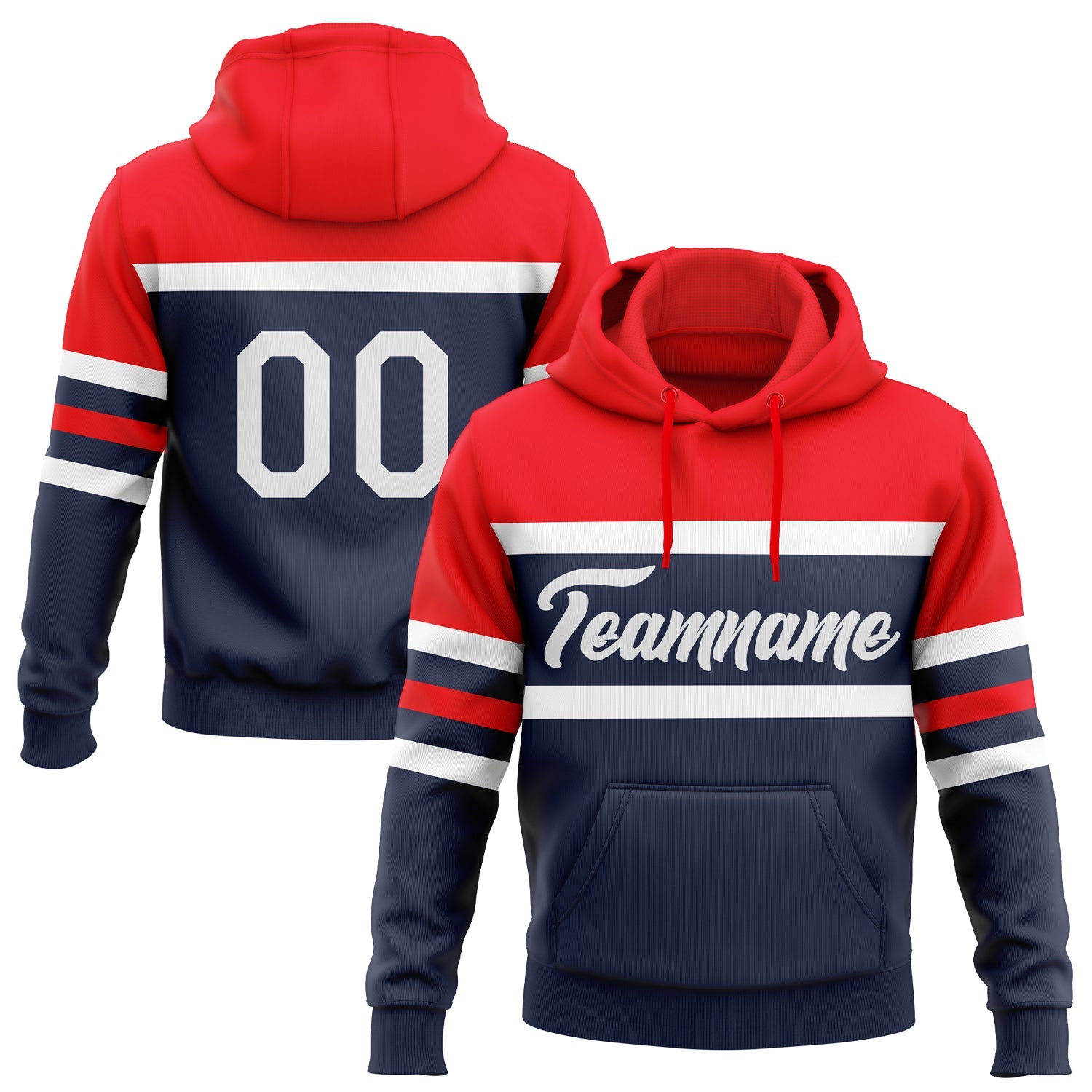 Custom Stitched Navy White-Fire Red Line Sports Pullover Sweatshirt Hoodie - Main View