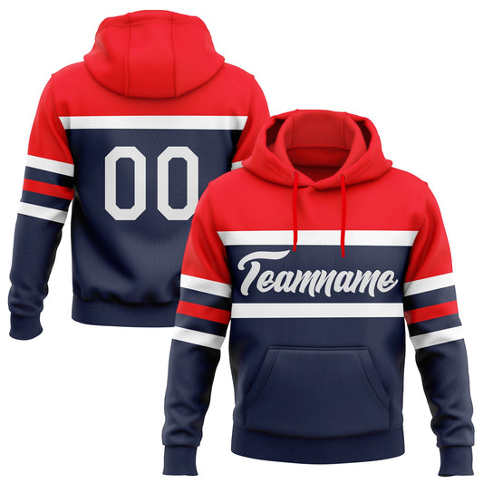 Custom Stitched Navy White-Fire Red Line Sports Pullover Sweatshirt Hoodie - Main View