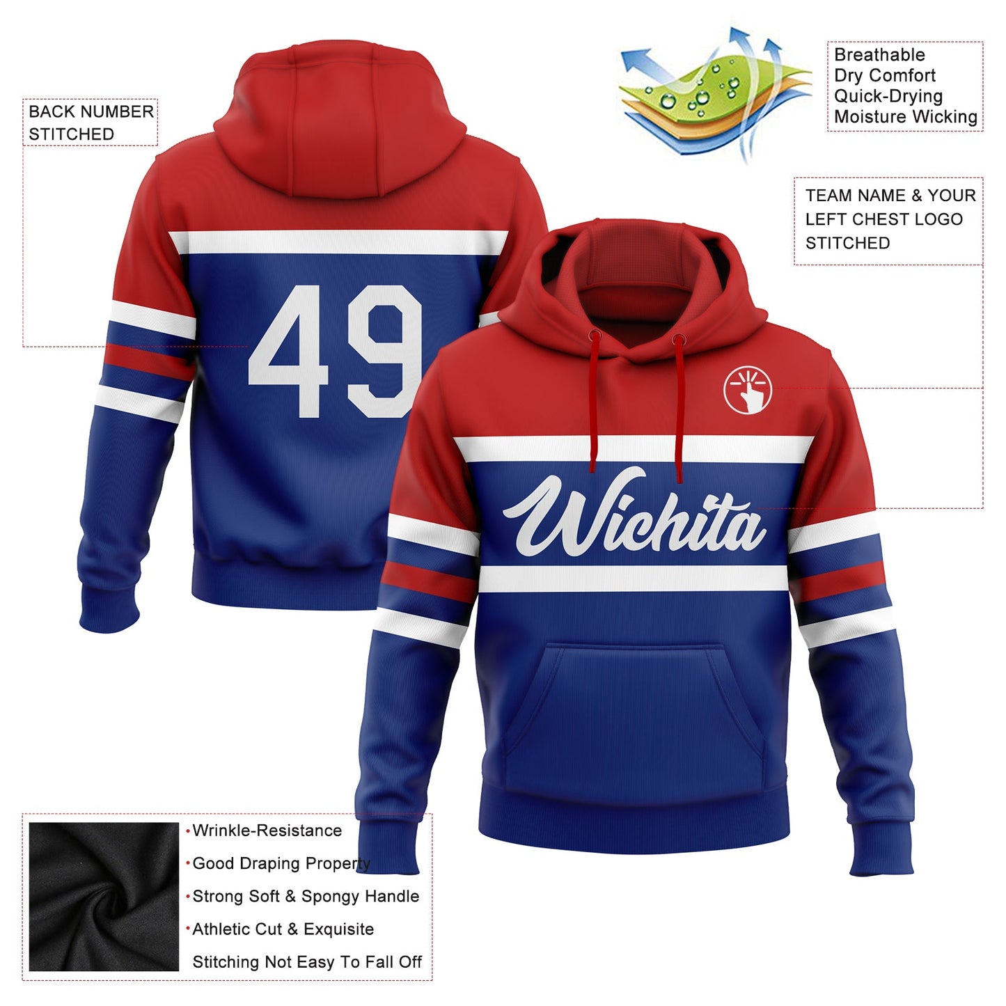 Custom Stitched Royal White-Red Line Sports Pullover Sweatshirt Hoodie view 2