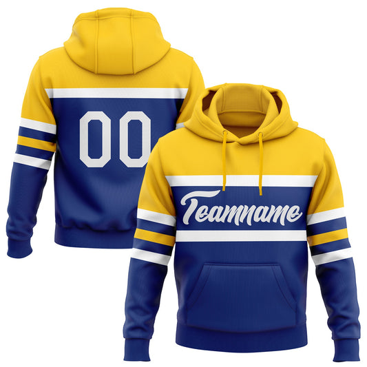 Custom Stitched Royal White-Yellow Line Sports Pullover Sweatshirt Hoodie - Main View
