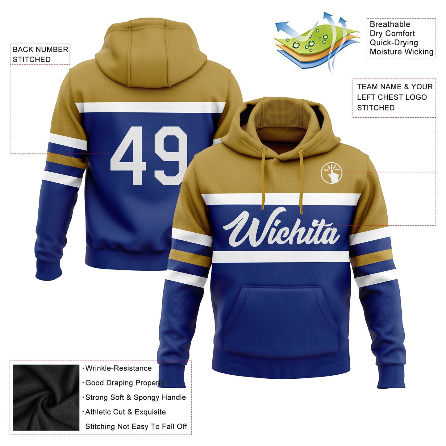 Custom Stitched Royal White-Old Gold Line Sports Pullover Sweatshirt Hoodie view 2