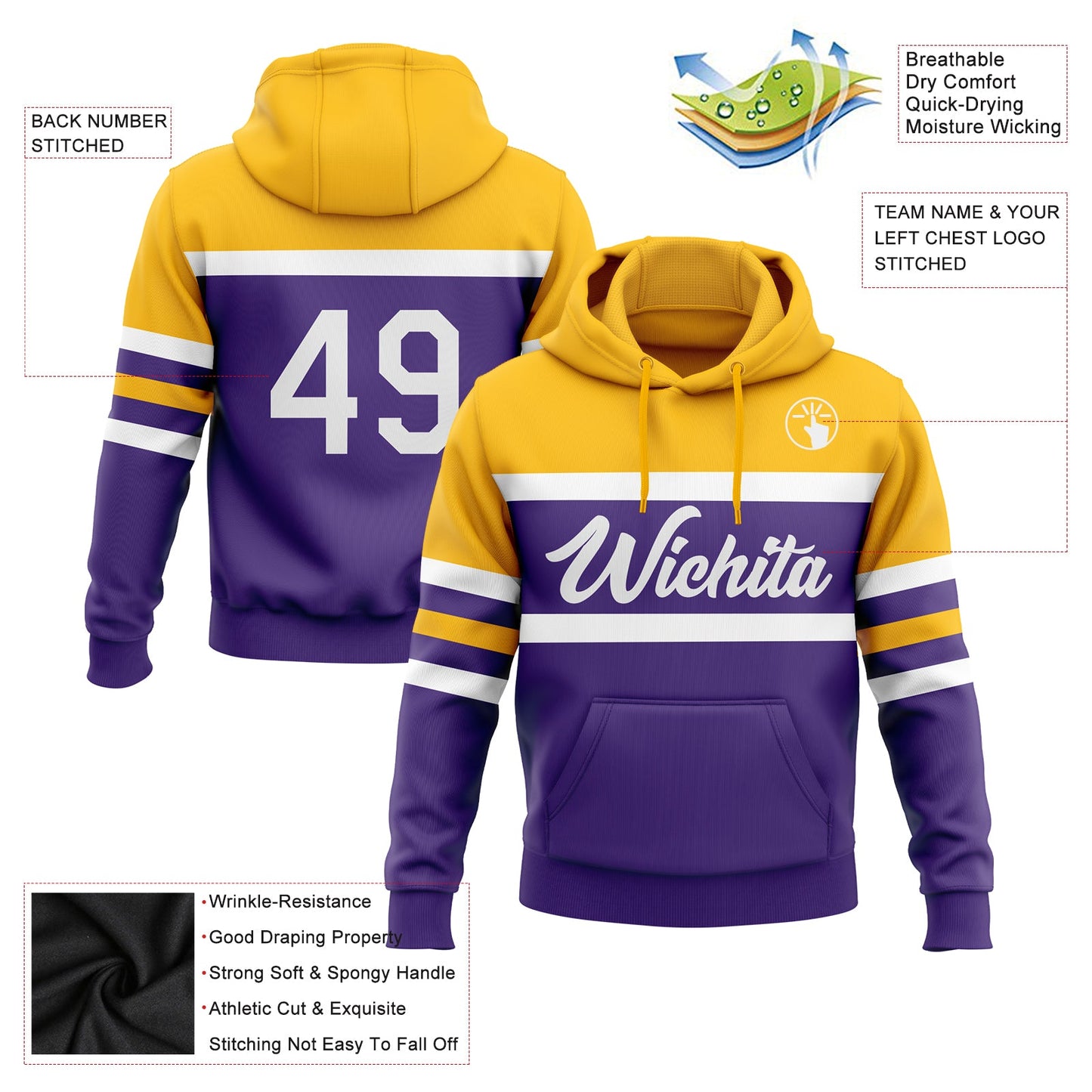 Custom Stitched Purple White-Gold Line Sports Pullover Sweatshirt Hoodie view 2