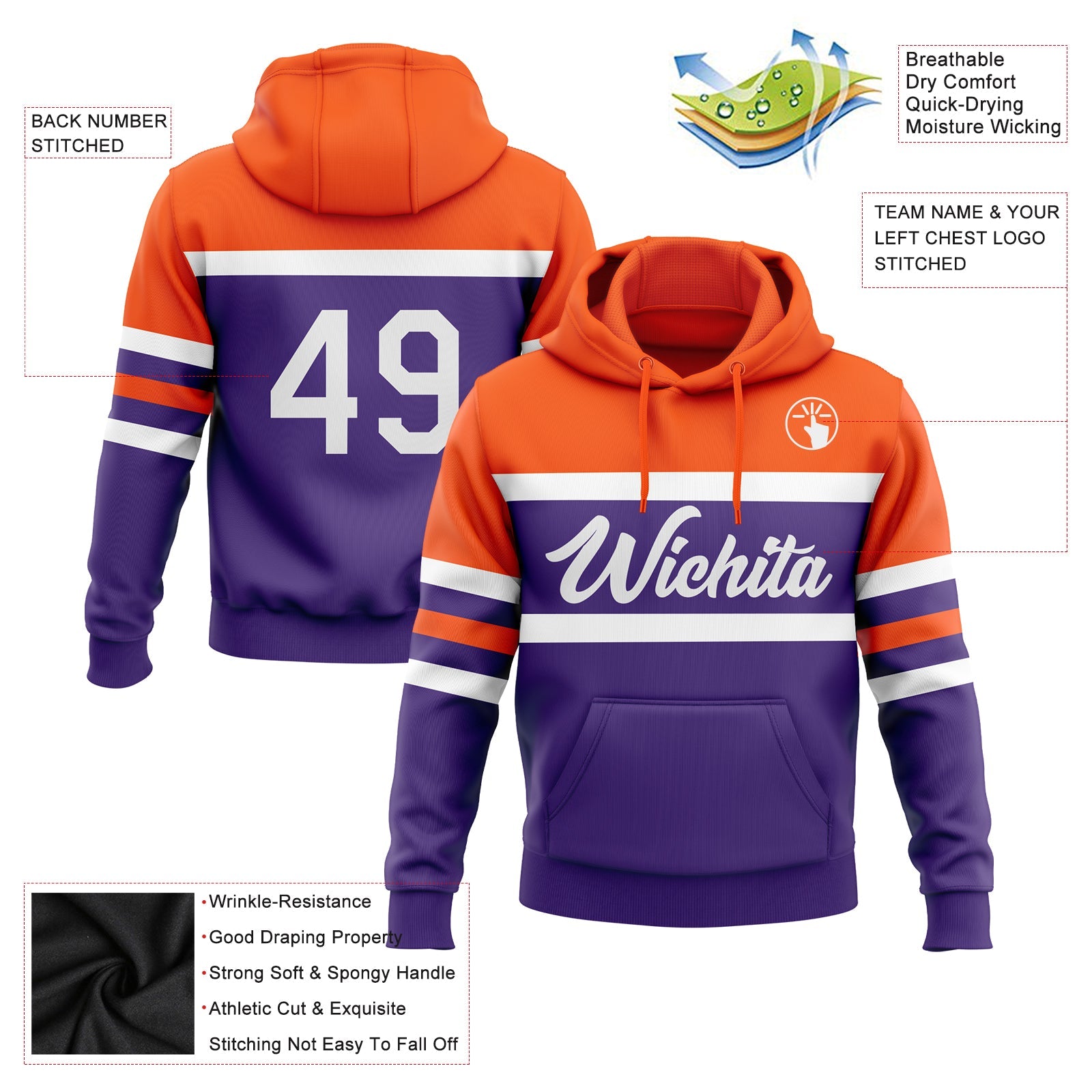 Custom Stitched Purple White-Orange Line Sports Pullover Sweatshirt Hoodie view 2