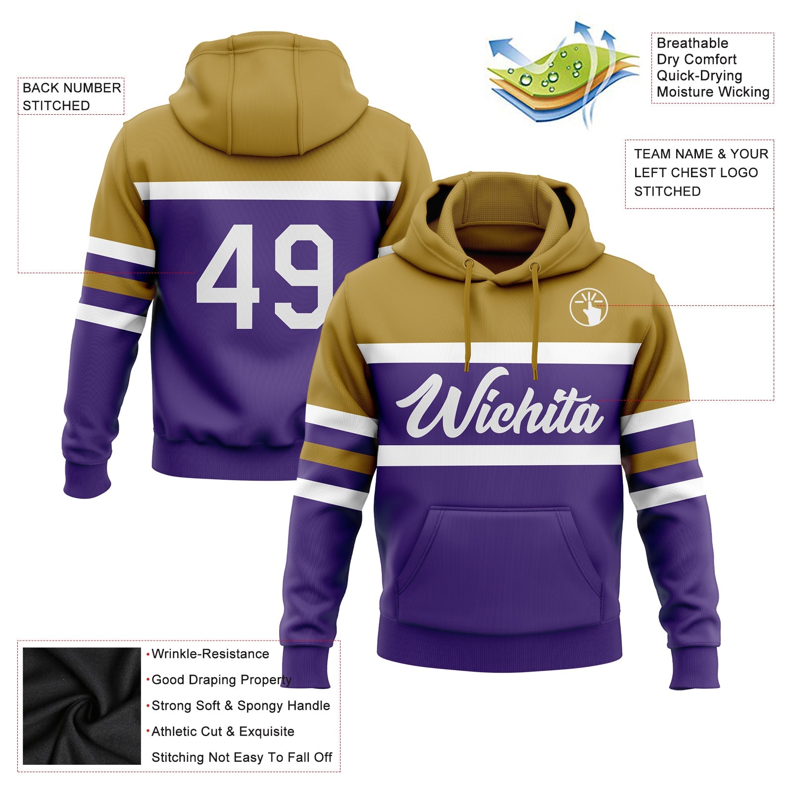 Custom Stitched Purple White-Old Gold Line Sports Pullover Sweatshirt Hoodie view 2