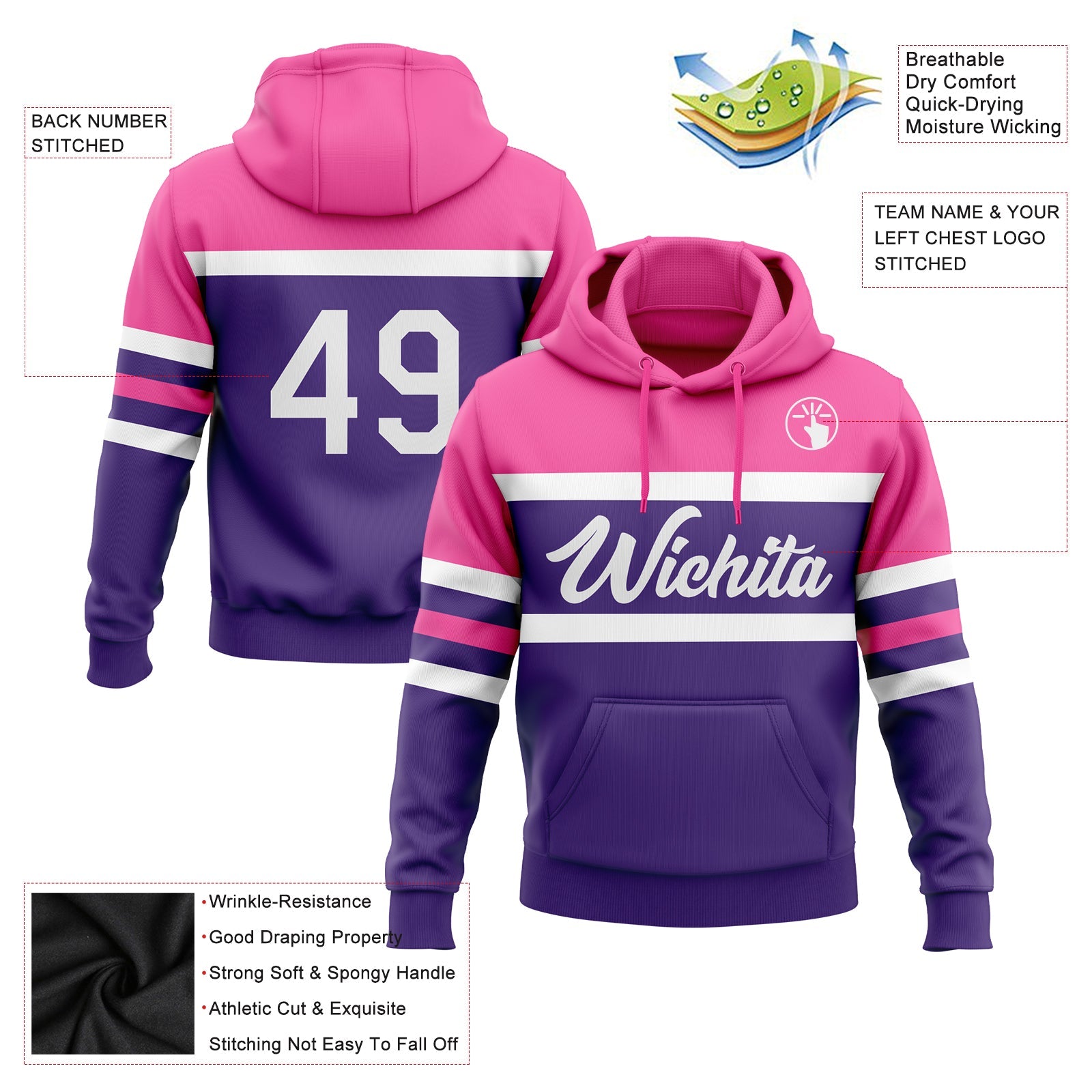 Custom Stitched Purple White-Pink Line Sports Pullover Sweatshirt Hoodie view 2