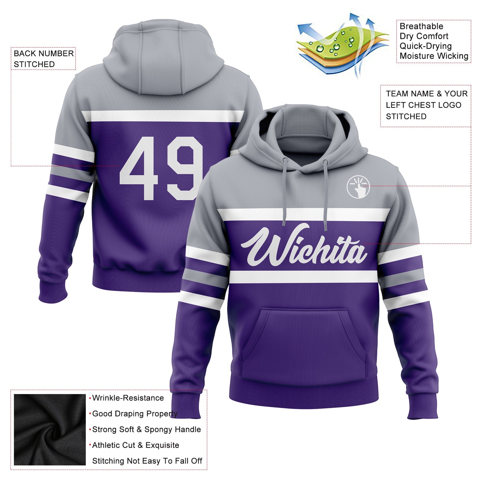 Custom Stitched Purple White-Gray Line Sports Pullover Sweatshirt Hoodie view 2