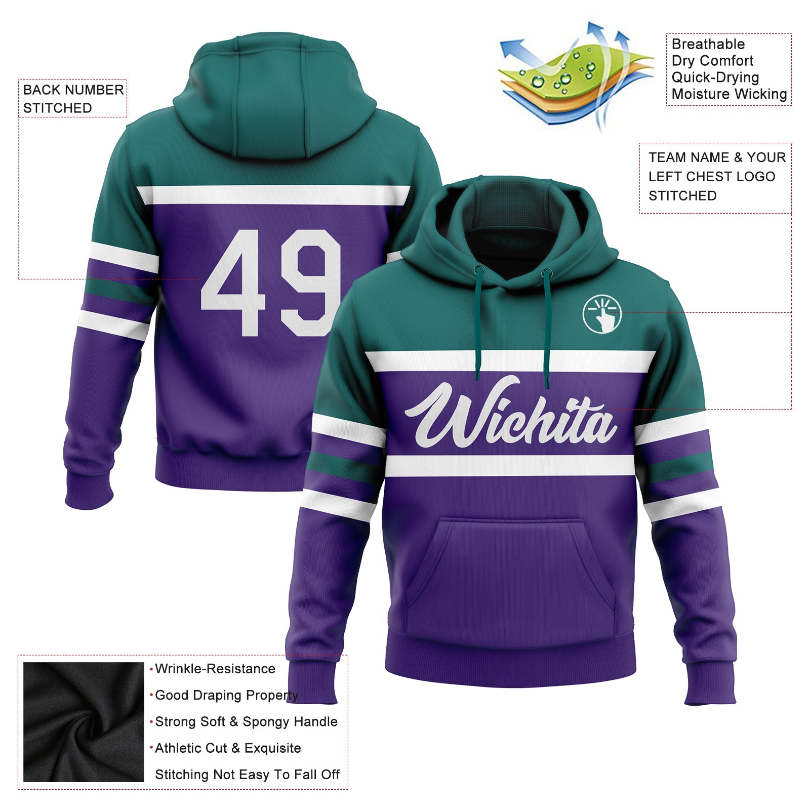 Custom Stitched Purple White-Teal Line Sports Pullover Sweatshirt Hoodie view 2