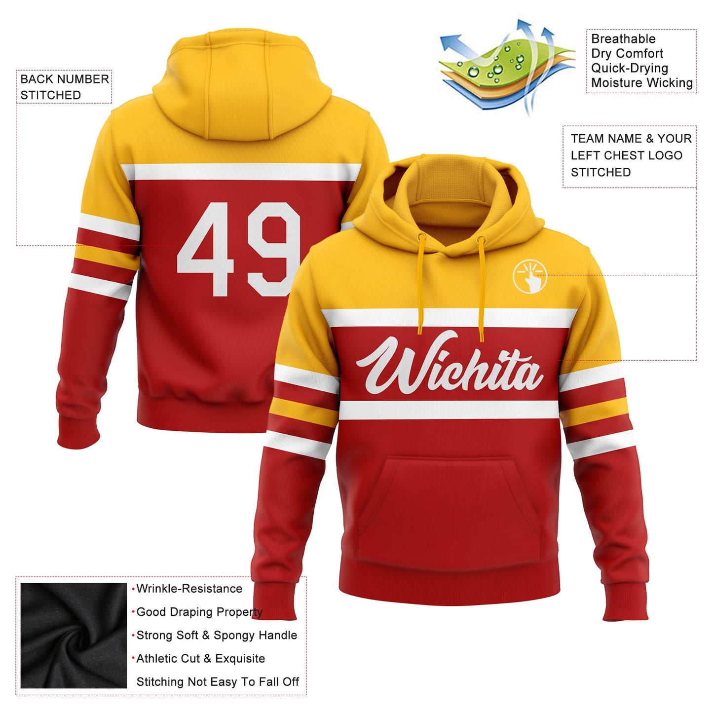 Custom Stitched Red White-Gold Line Sports Pullover Sweatshirt Hoodie view 2