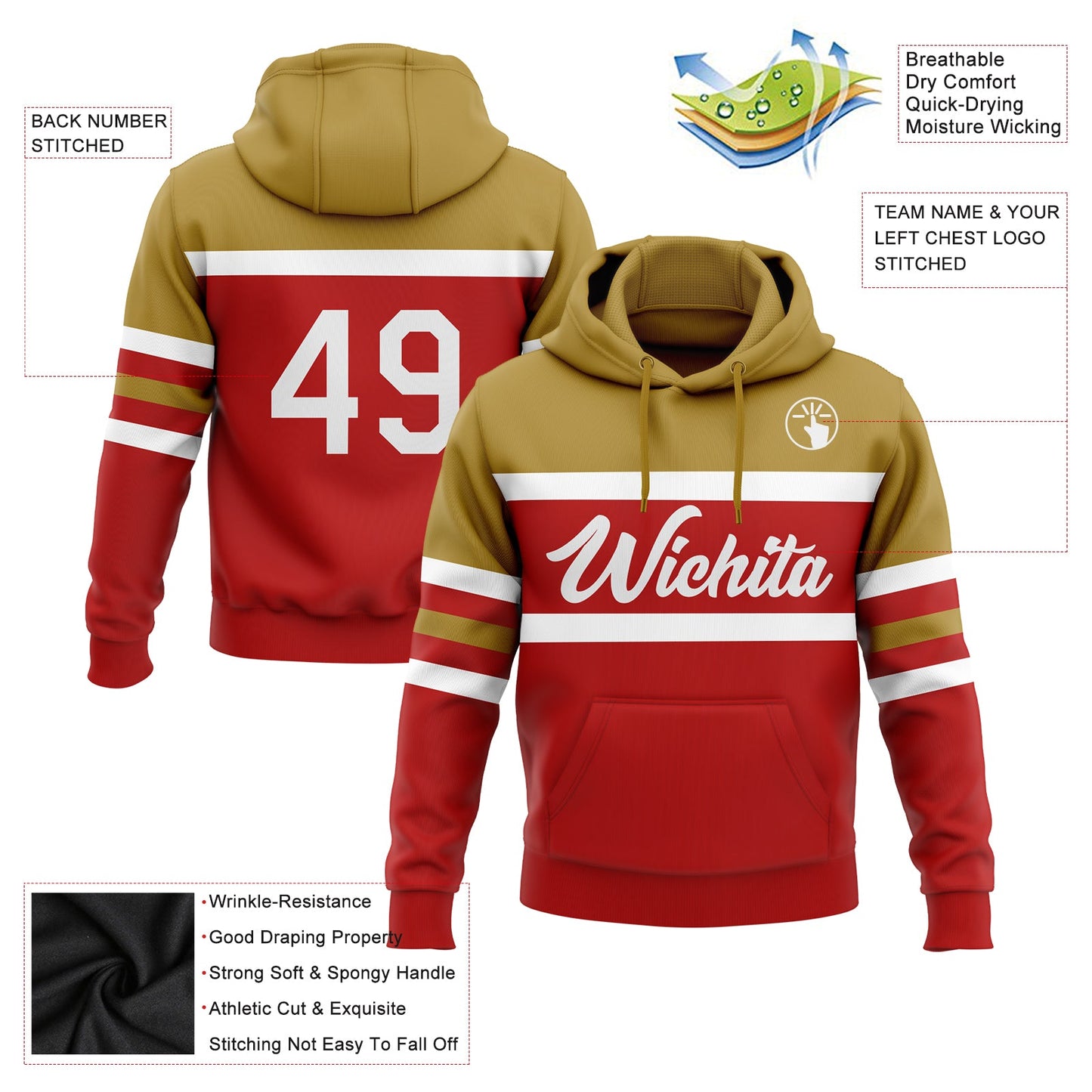 Custom Stitched Red White-Old Gold Line Sports Pullover Sweatshirt Hoodie view 2