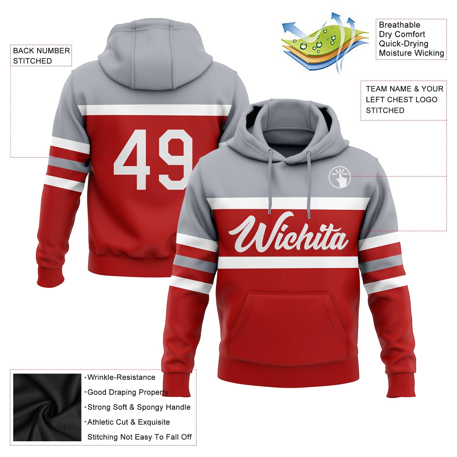 Custom Stitched Red White-Gray Line Sports Pullover Sweatshirt Hoodie view 2
