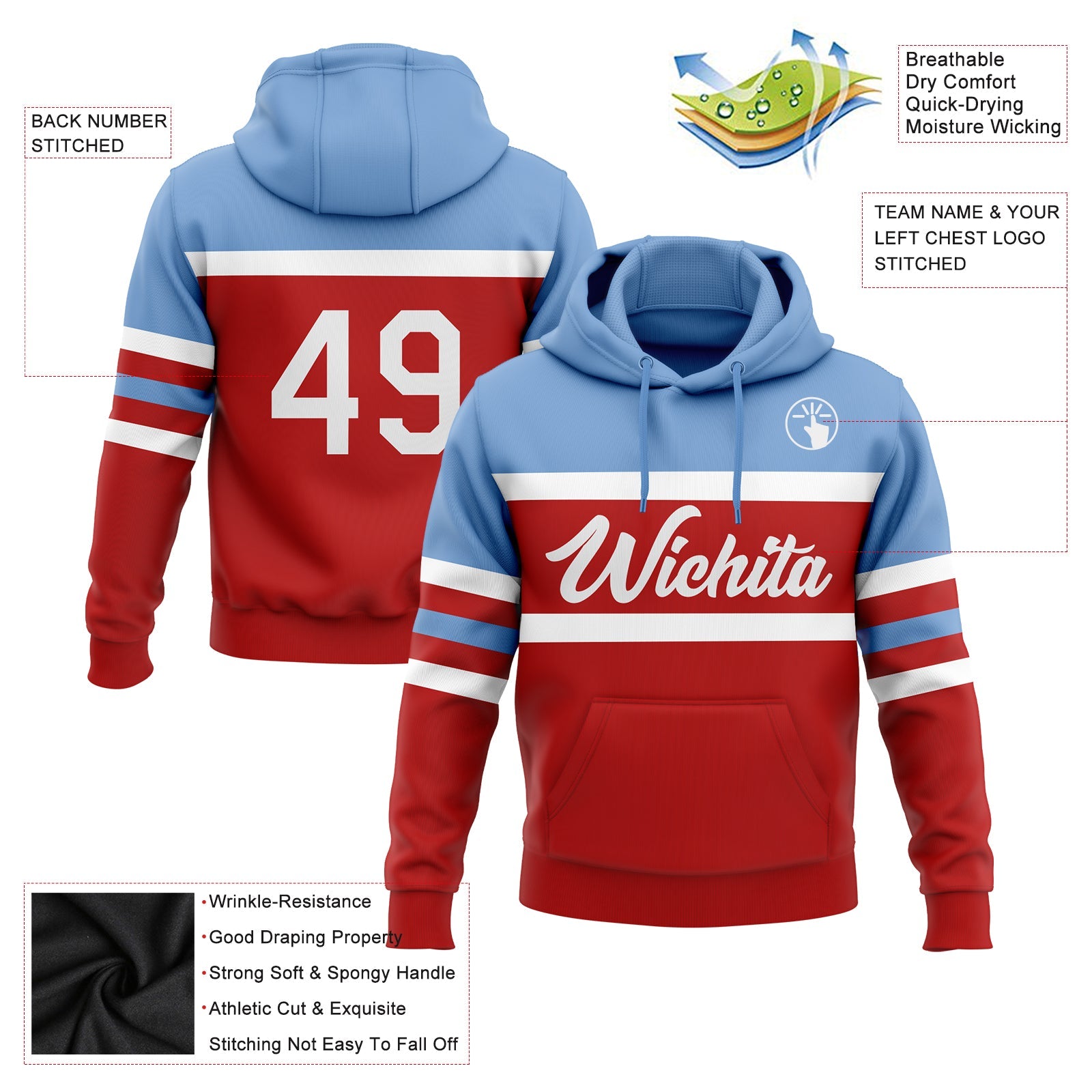 Custom Stitched Red White-Light Blue Line Sports Pullover Sweatshirt Hoodie view 2