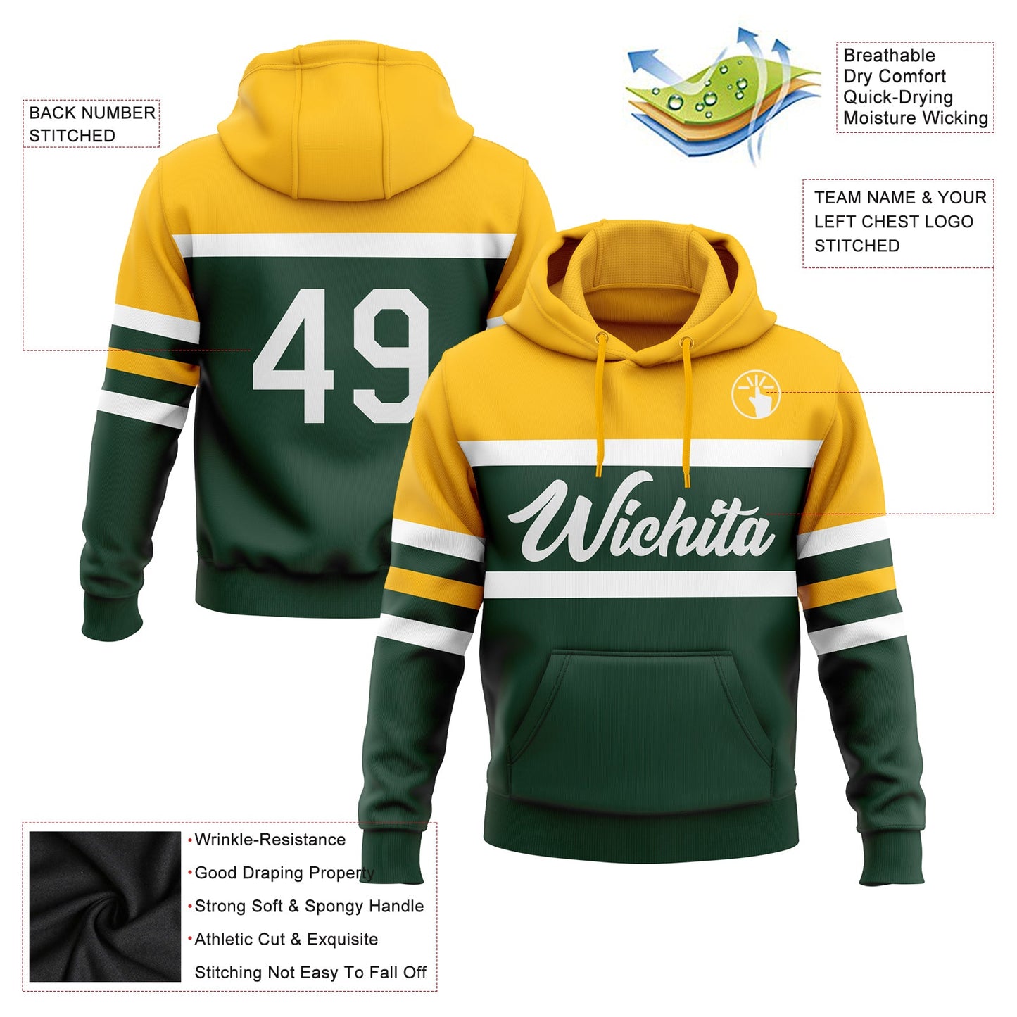 Custom Stitched Green White-Gold Line Sports Pullover Sweatshirt Hoodie view 2
