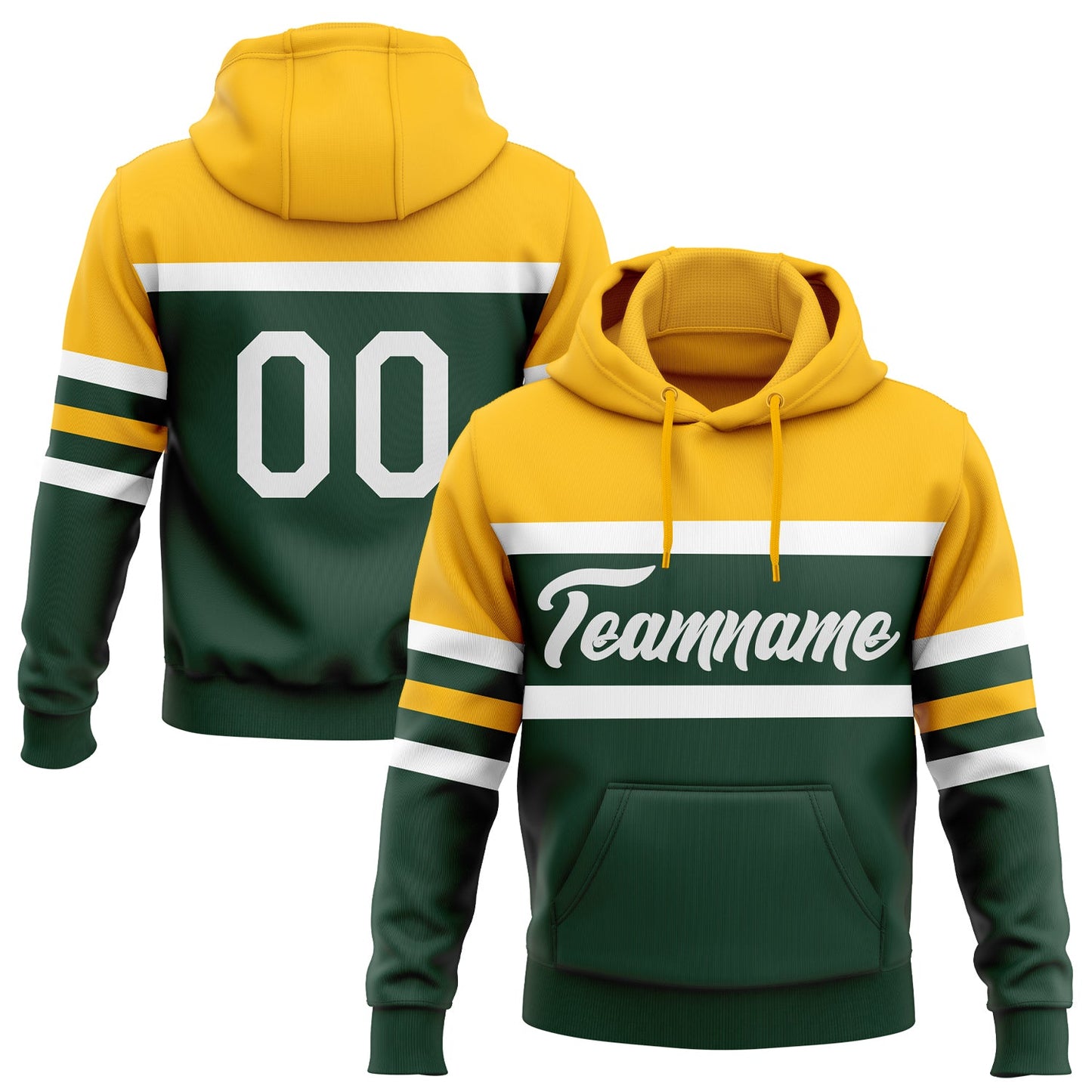 Custom Stitched Green White-Gold Line Sports Pullover Sweatshirt Hoodie - Main View
