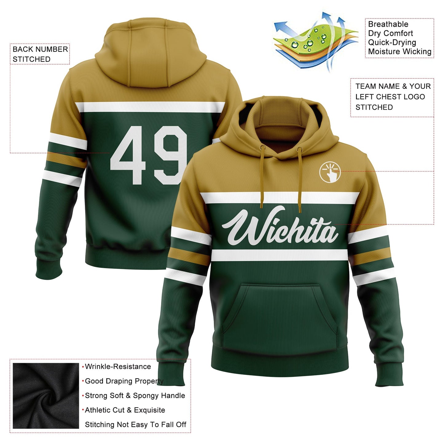 Custom Stitched Green White-Old Gold Line Sports Pullover Sweatshirt Hoodie view 2