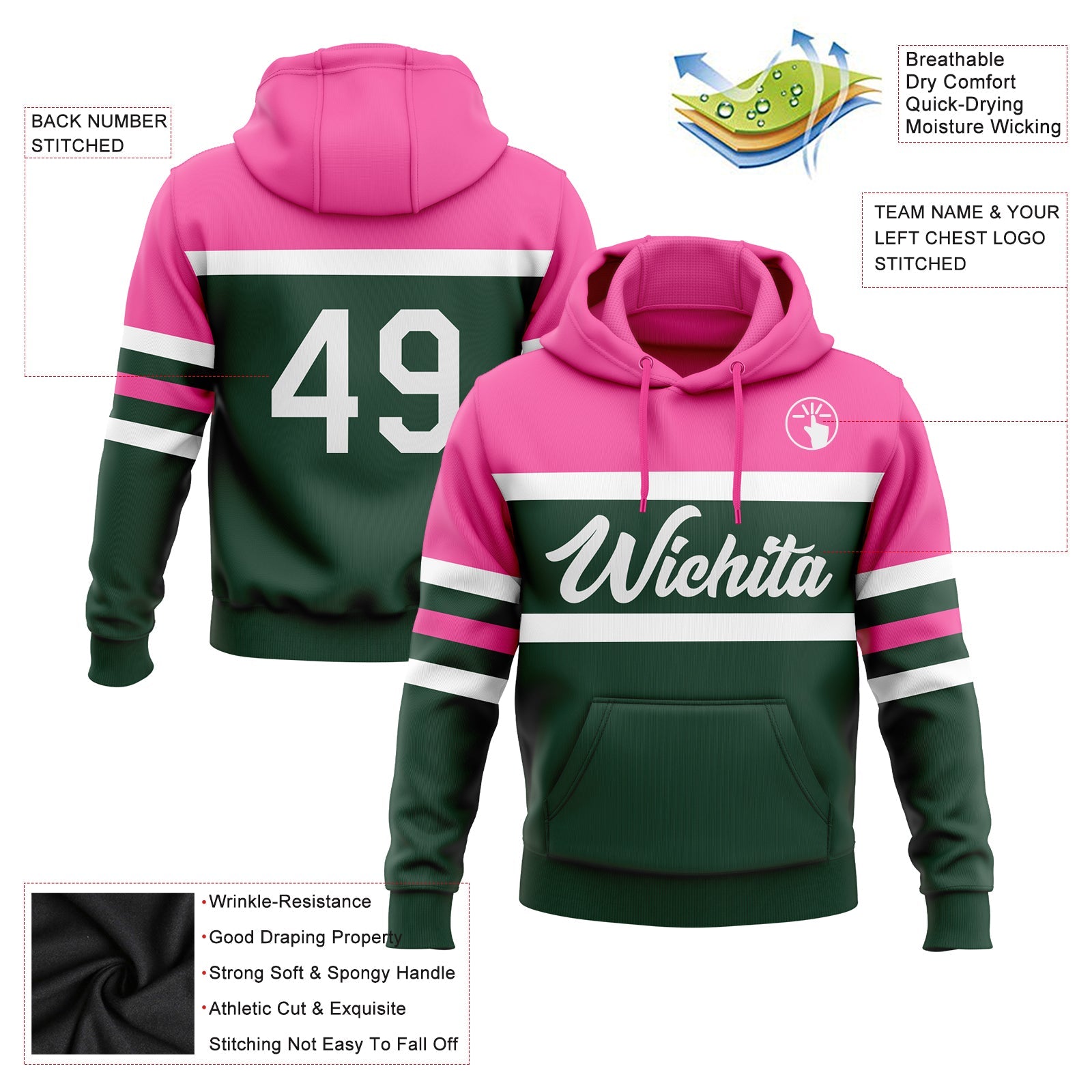 Custom Stitched Green White-Pink Line Sports Pullover Sweatshirt Hoodie view 2