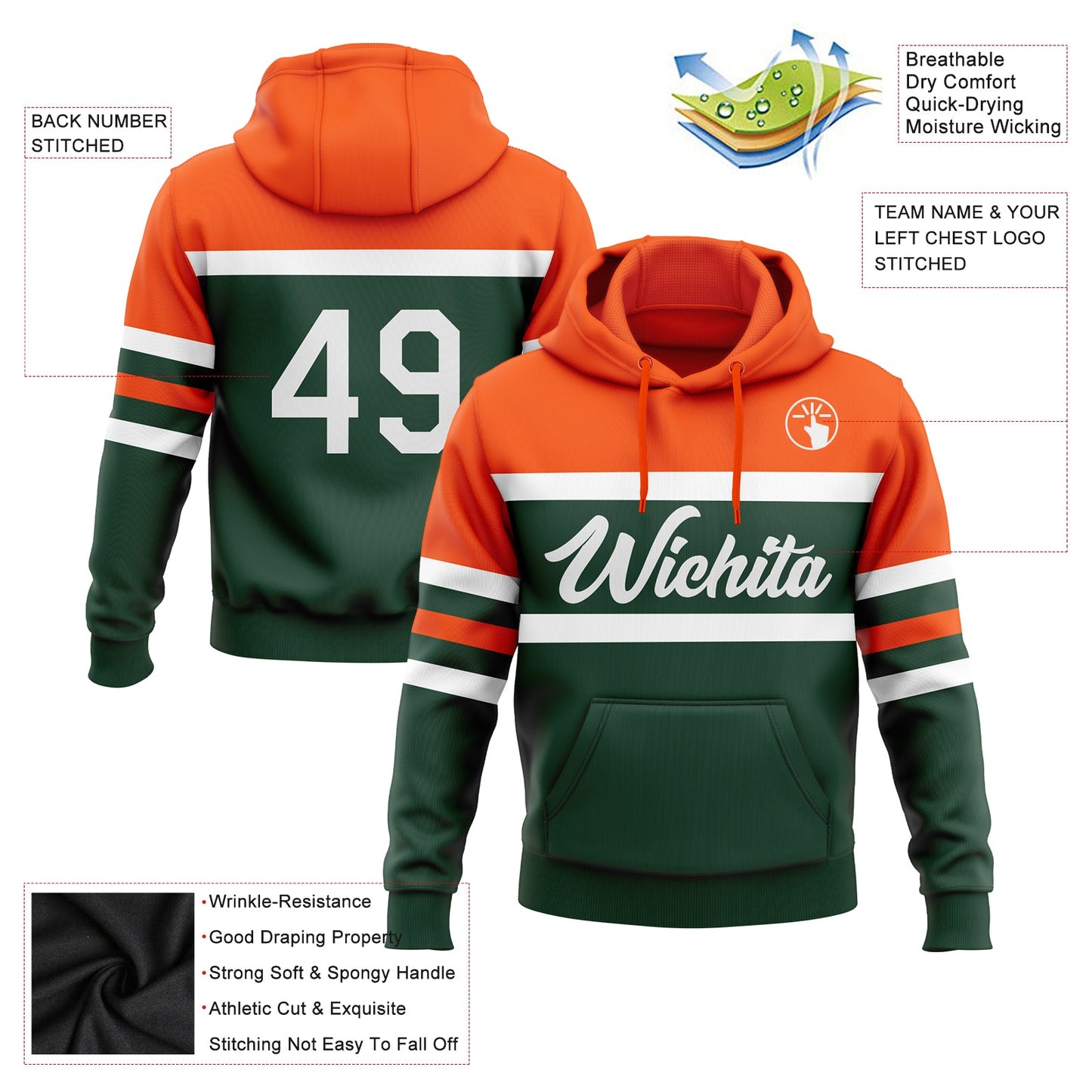 Custom Stitched Green White-Orange Line Sports Pullover Sweatshirt Hoodie view 2