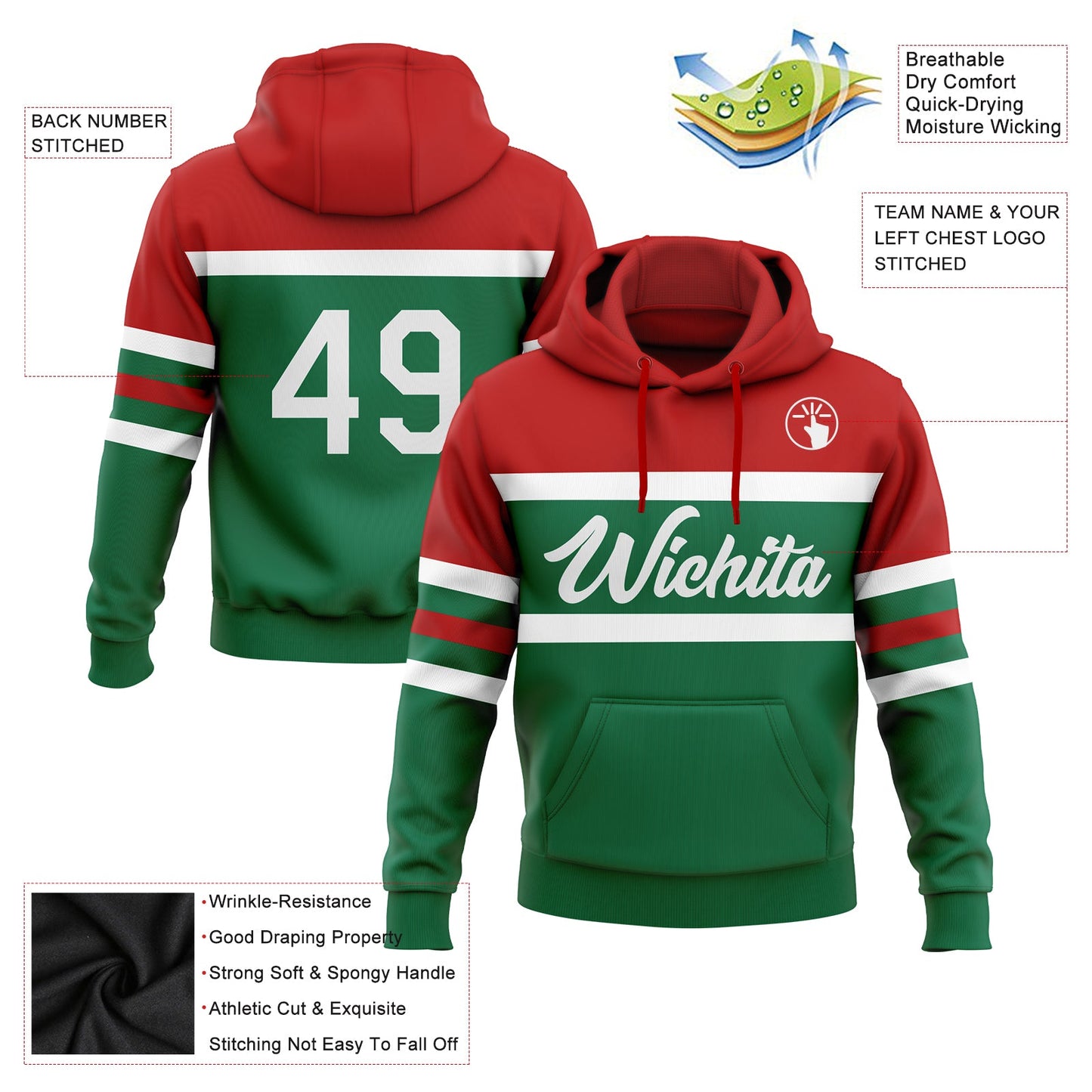 Custom Stitched Kelly Green White-Red Line Sports Pullover Sweatshirt Hoodie view 2