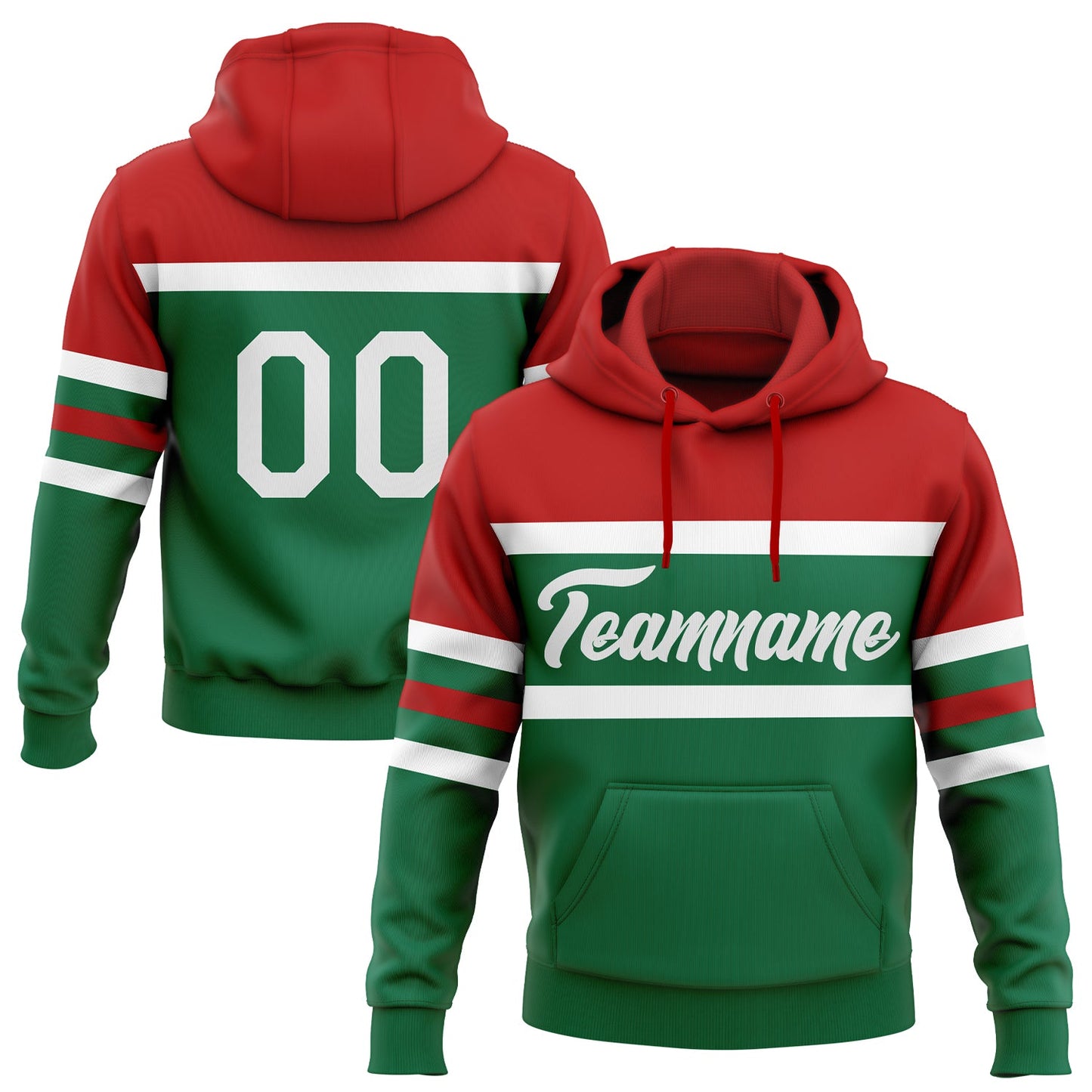 Custom Stitched Kelly Green White-Red Line Sports Pullover Sweatshirt Hoodie - Main View