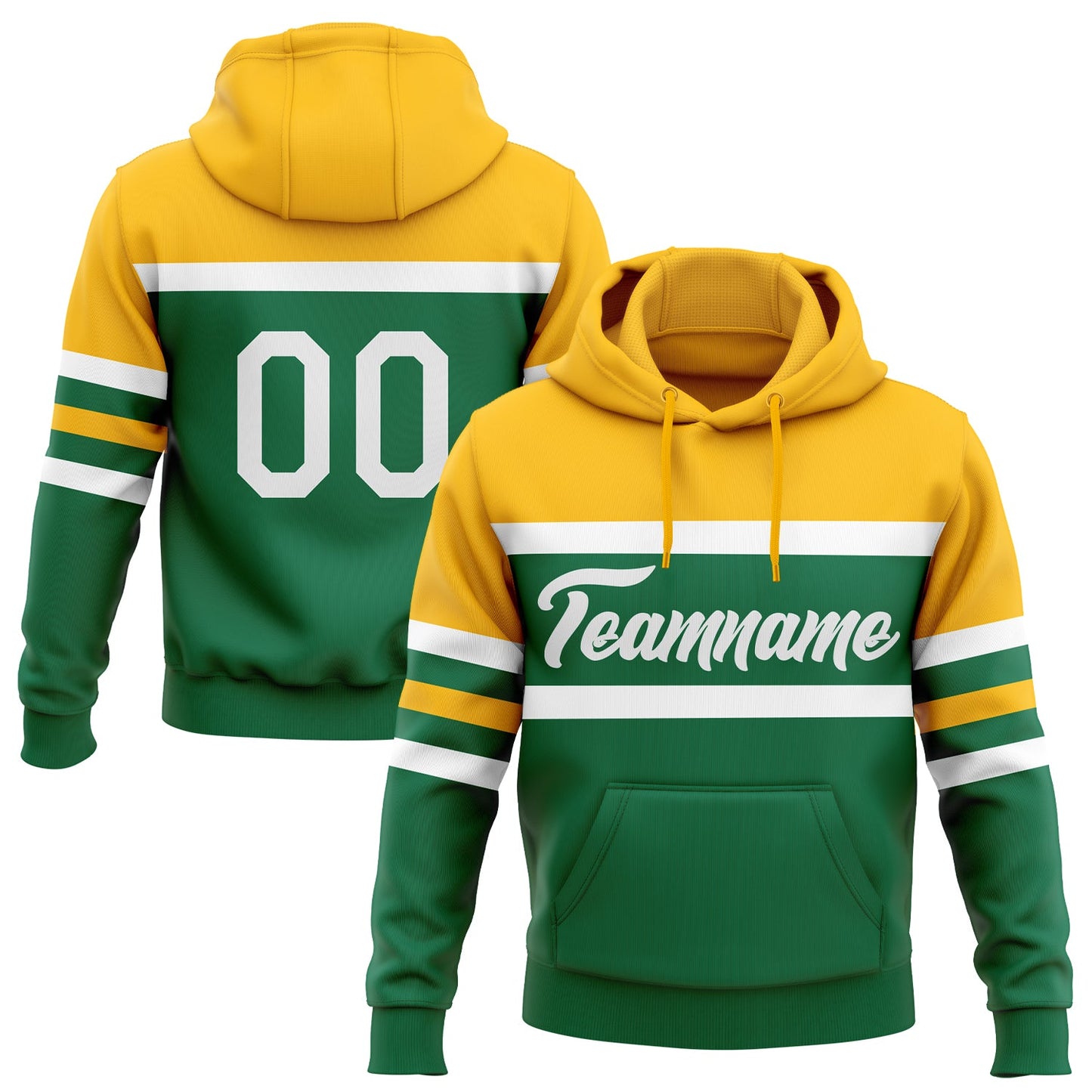 Custom Stitched Kelly Green White-Gold Line Sports Pullover Sweatshirt Hoodie - Main View