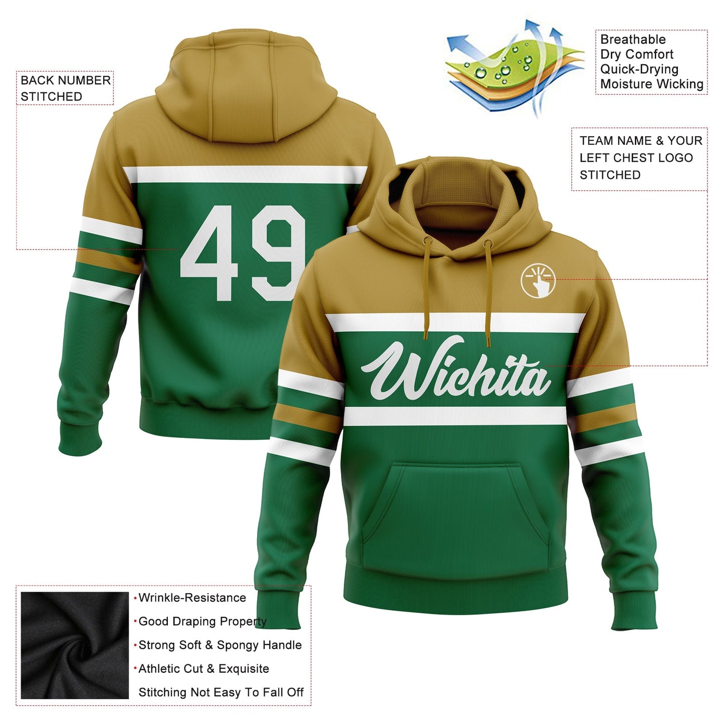 Custom Stitched Kelly Green White-Old Gold Line Sports Pullover Sweatshirt Hoodie view 2