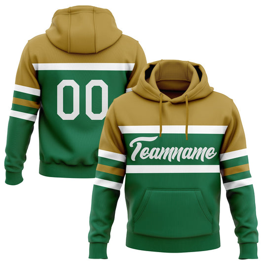 Custom Stitched Kelly Green White-Old Gold Line Sports Pullover Sweatshirt Hoodie - Main View