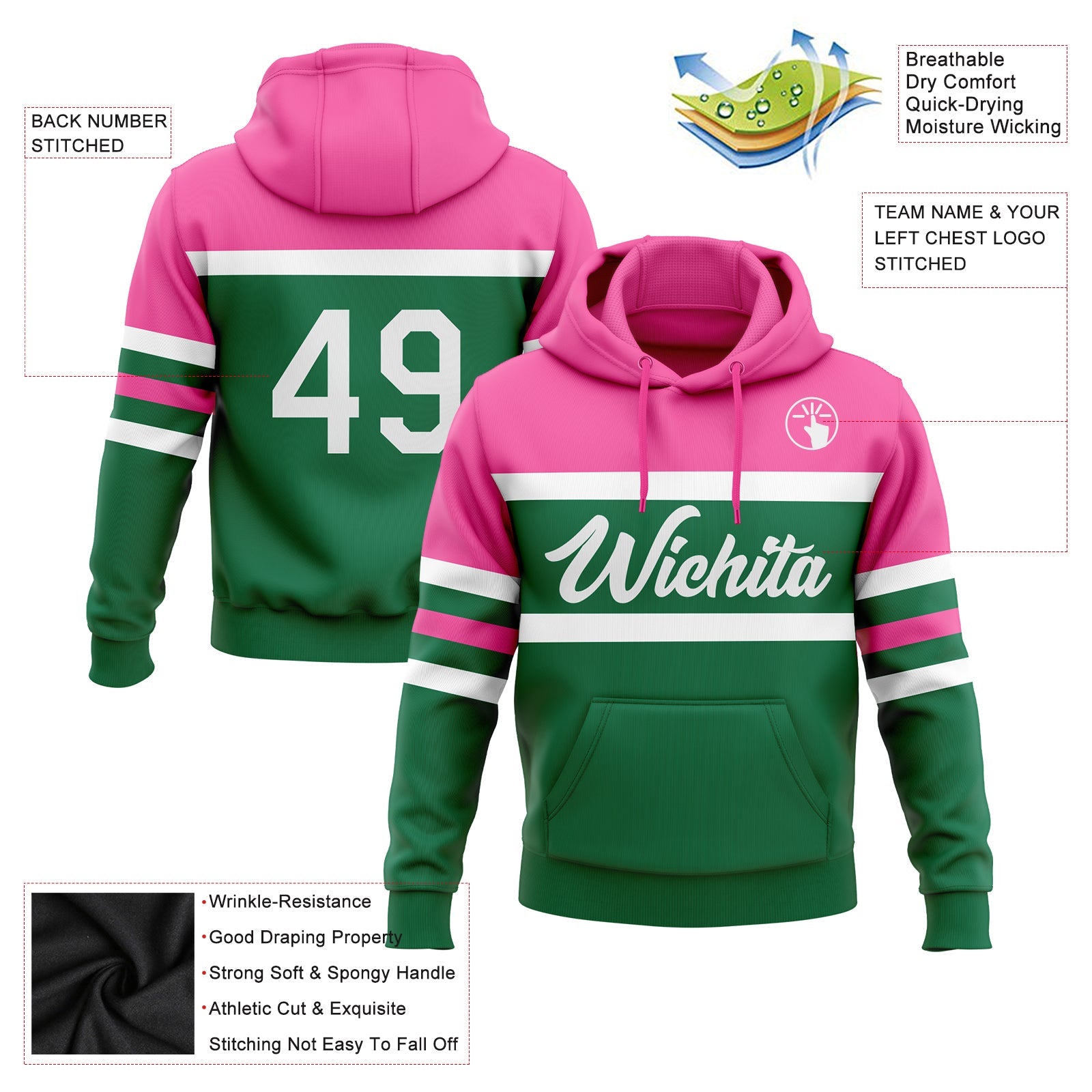 Custom Stitched Kelly Green White-Pink Line Sports Pullover Sweatshirt Hoodie view 2
