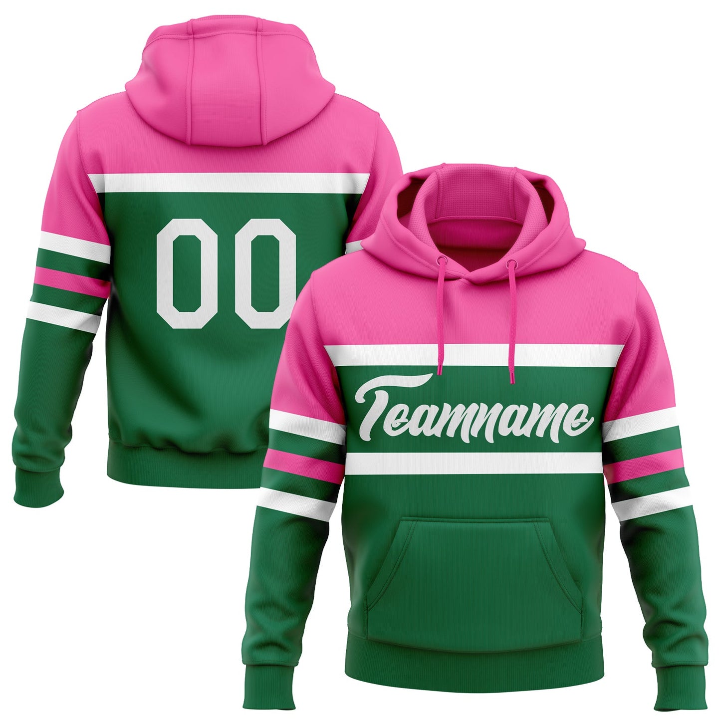 Custom Stitched Kelly Green White-Pink Line Sports Pullover Sweatshirt Hoodie - Main View