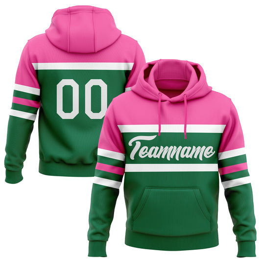 Custom Stitched Kelly Green White-Pink Line Sports Pullover Sweatshirt Hoodie - Main View