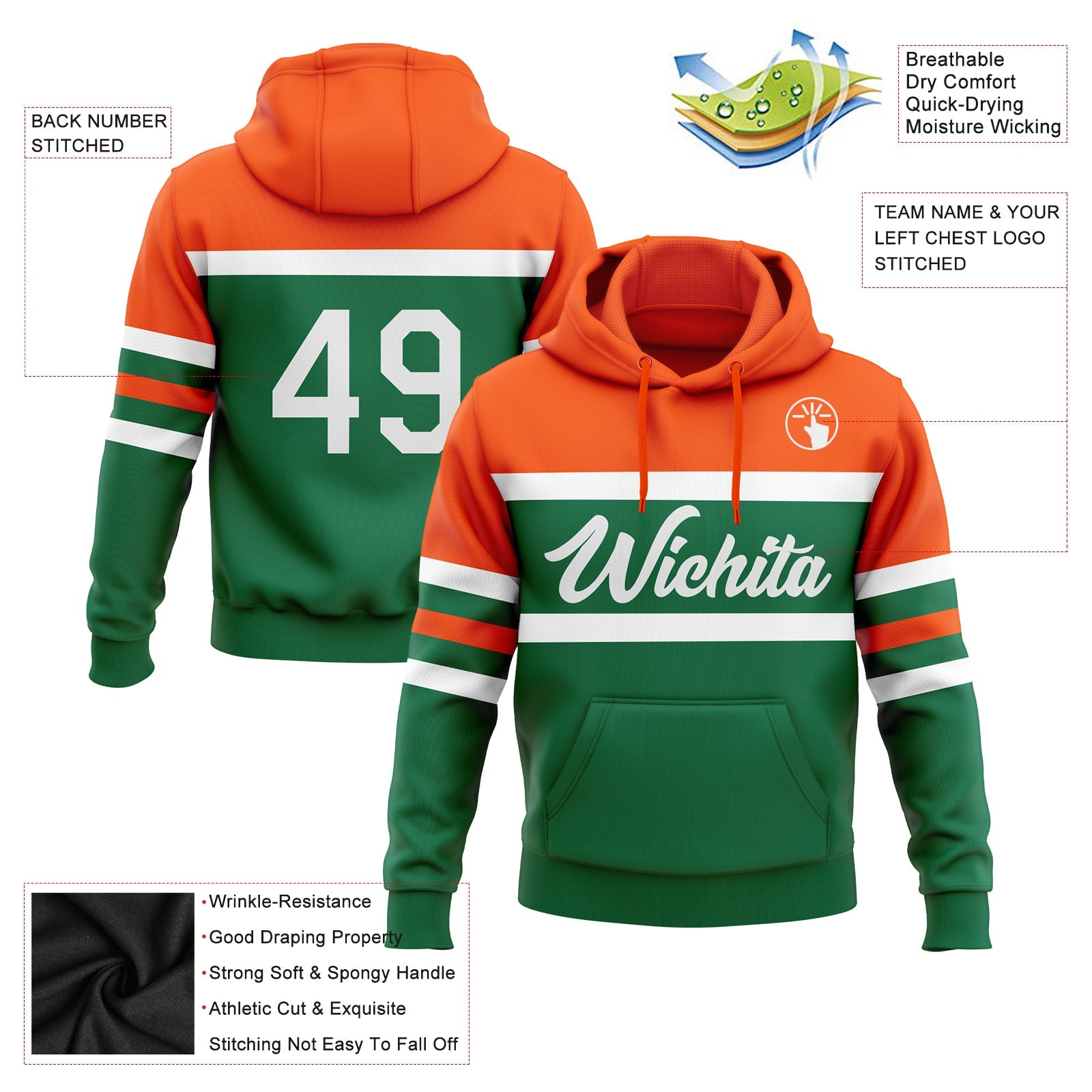 Custom Stitched Kelly Green White-Orange Line Sports Pullover Sweatshirt Hoodie view 2
