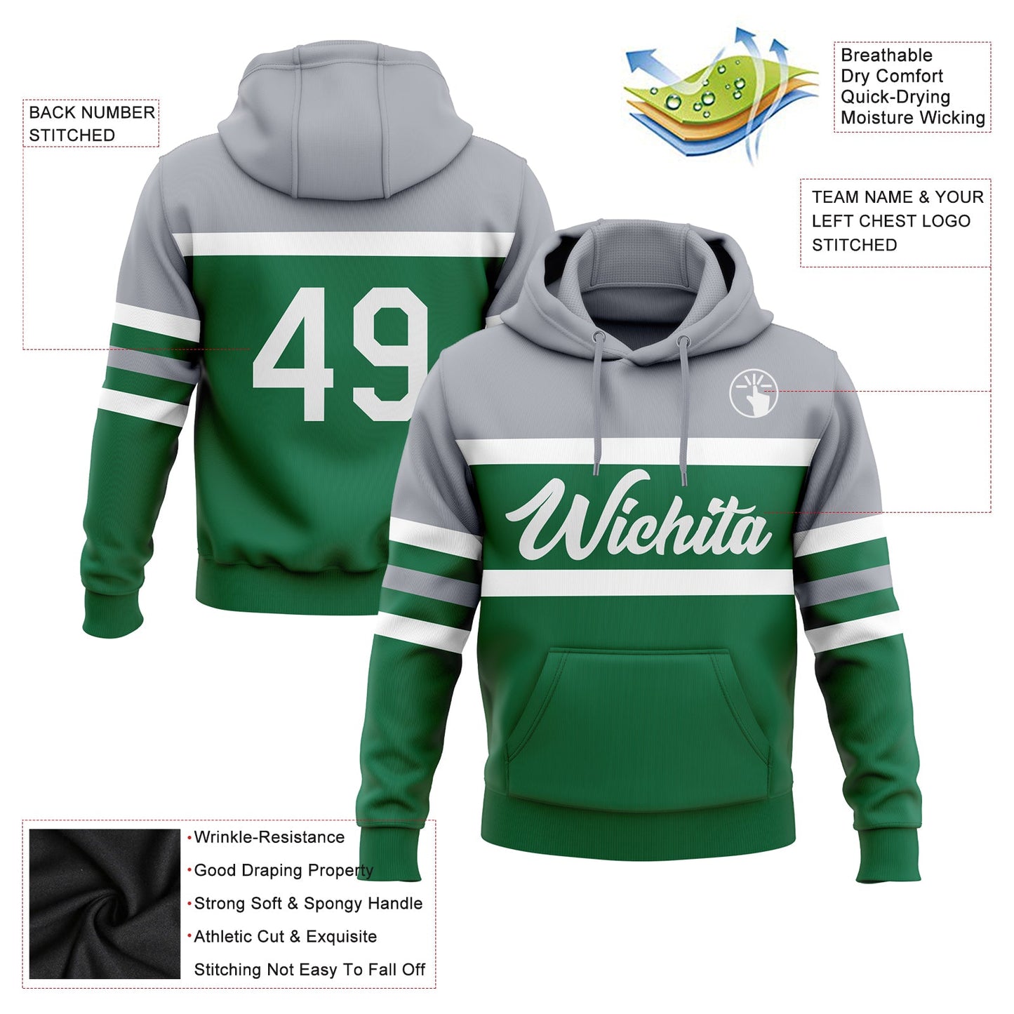 Custom Stitched Kelly Green White-Gray Line Sports Pullover Sweatshirt Hoodie view 2