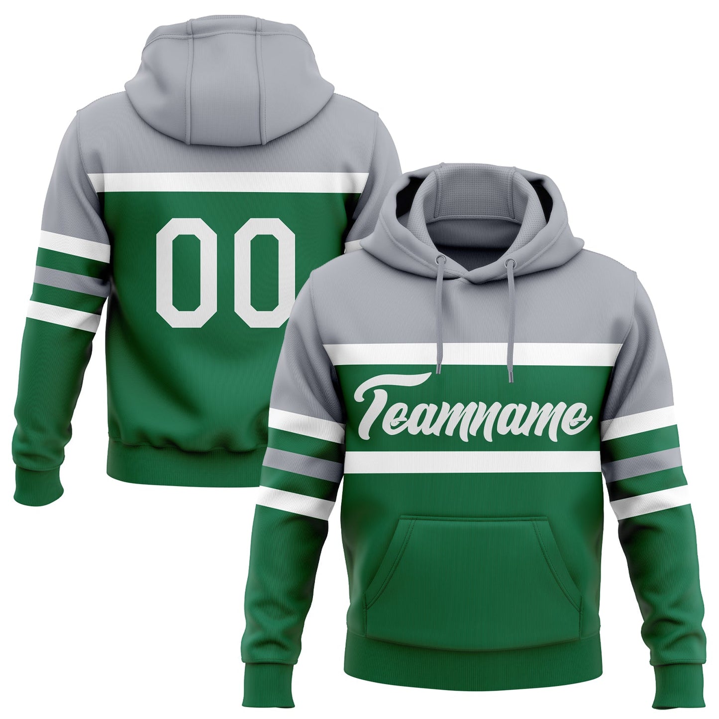 Custom Stitched Kelly Green White-Gray Line Sports Pullover Sweatshirt Hoodie - Main View