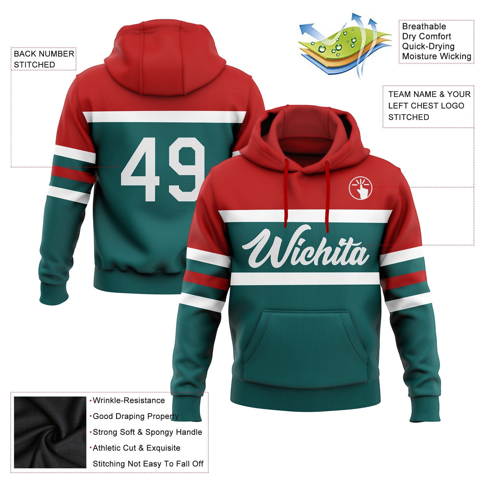 Custom Stitched Teal White-Red Line Sports Pullover Sweatshirt Hoodie view 2