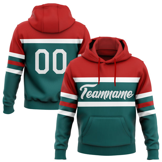 Custom Stitched Teal White-Red Line Sports Pullover Sweatshirt Hoodie - Main View