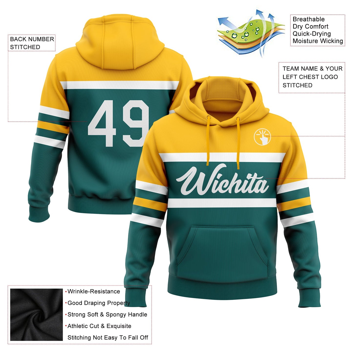 Custom Stitched Teal White-Gold Line Sports Pullover Sweatshirt Hoodie view 2