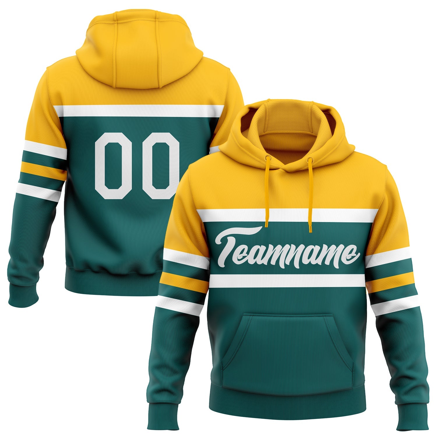 Custom Stitched Teal White-Gold Line Sports Pullover Sweatshirt Hoodie - Main View