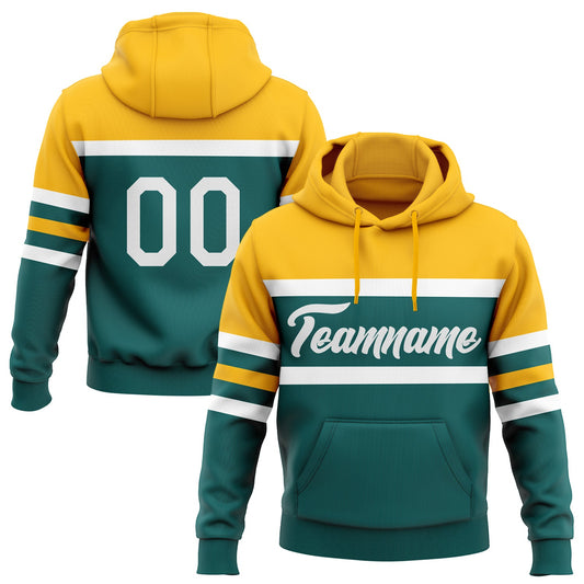 Custom Stitched Teal White-Gold Line Sports Pullover Sweatshirt Hoodie - Main View