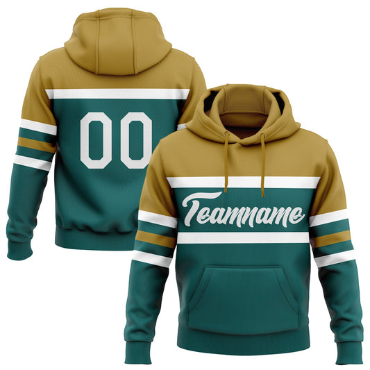 Custom Stitched Teal White-Old Gold Line Sports Pullover Sweatshirt Hoodie - Main View